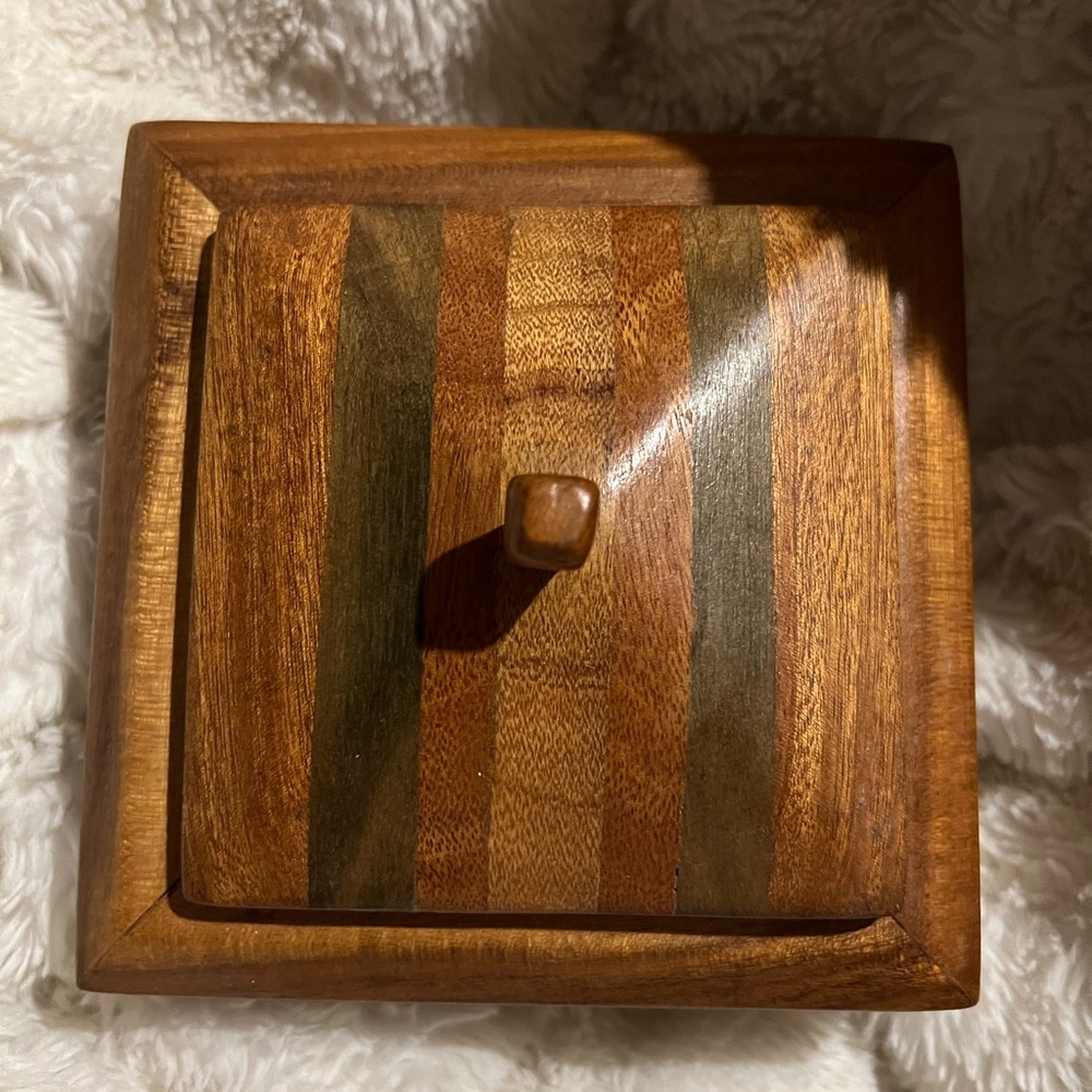 Vintage Wooden Striped Jewelry Box with Lid